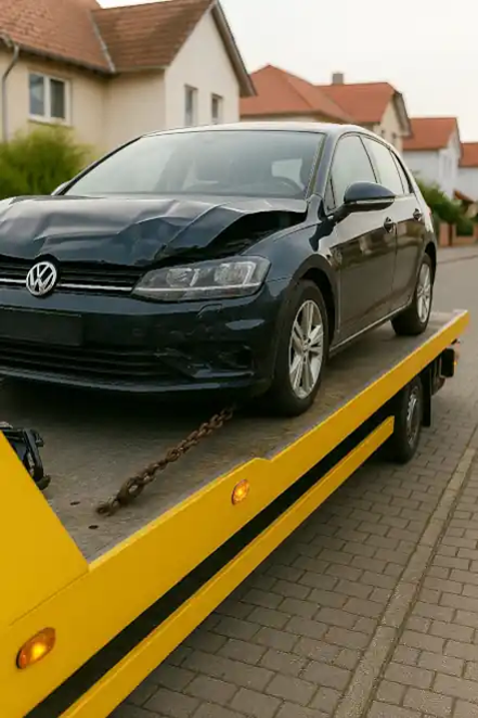 Defektes Fahrzeug wird in Erfurt zum Autoankauf abgeschleppt, um den Verkauf schnell abzuwickeln.